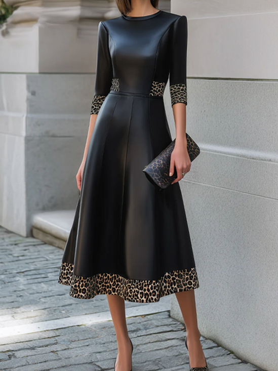 PU Urban Color Block Crew Neck Midi Dress