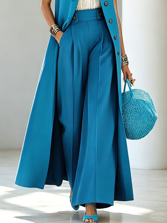 Urban Plain Buttoned Wide Leg Pants