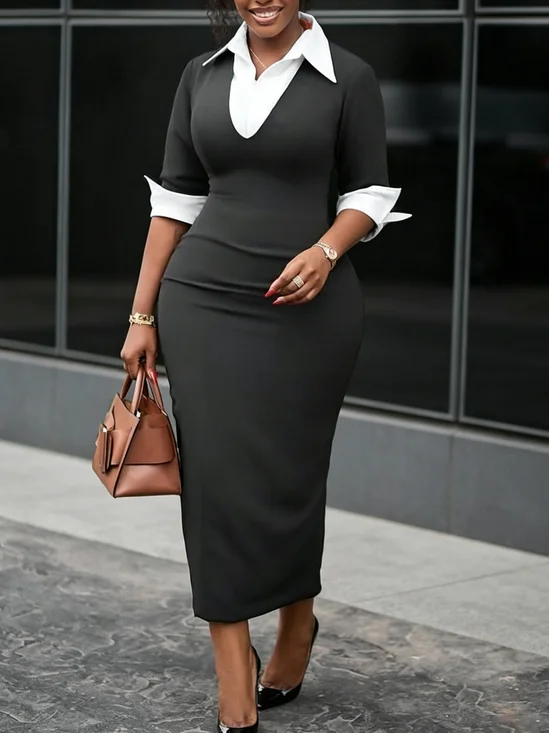 Elegant Color Block Shirt Collar Midi Dress