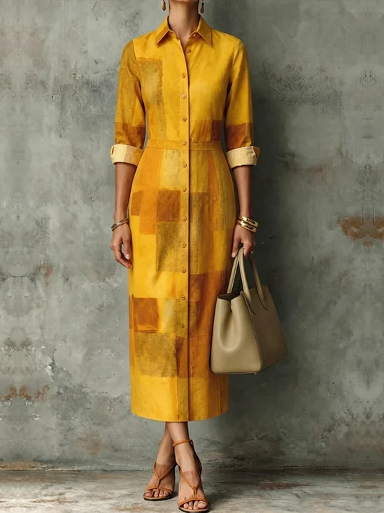 Regular Fit Urban Geometric Shirt Collar Midi Shirt Dress