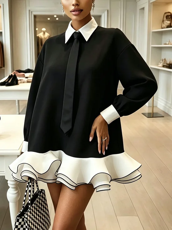Urban Color Block Split Joint Shirt Collar Mini Dress With Tie