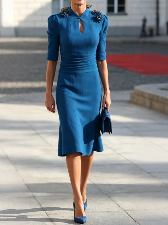 Urban Plain Ruched Mandarin Collar Midi Dress