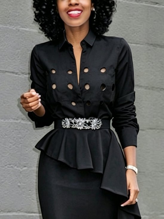 Urban Plain Hollow Out Shirt Collar Shirt