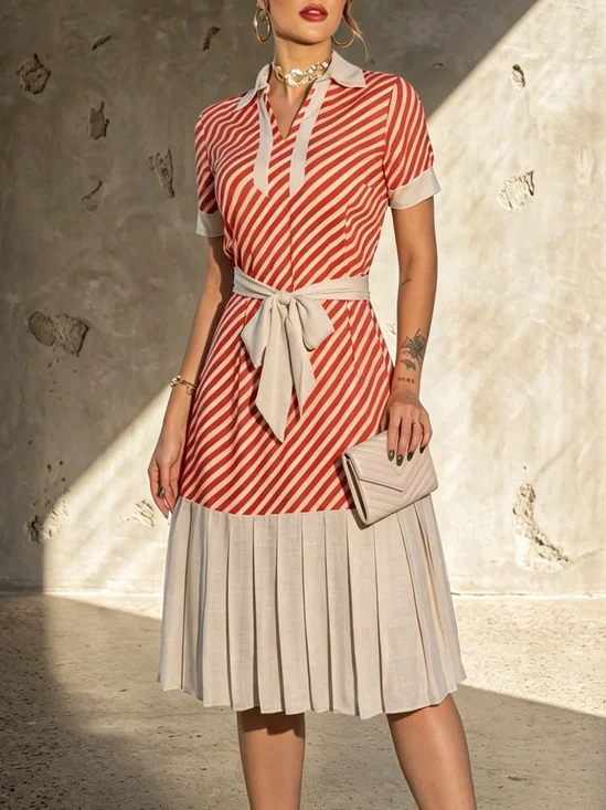 Urban Striped Shirt Collar Midi Dress With Belt