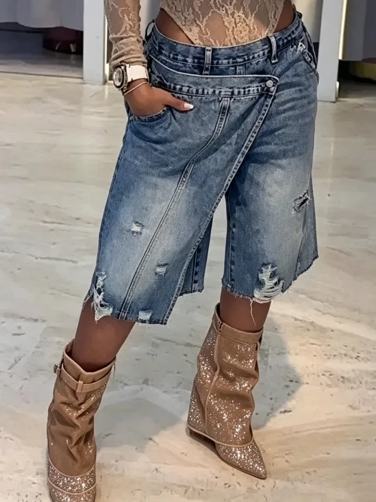 Casual Plain Loose Denim Shorts