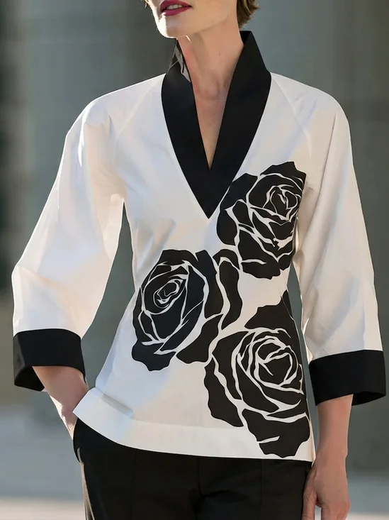 Urban Floral V Neck Three Quarter Sleeve Blouse