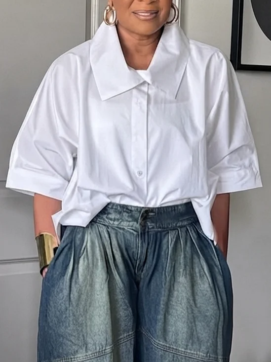 Casual Plain Shirt Collar Half Sleeve Shirt