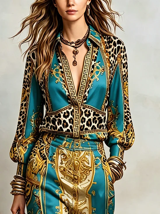 Elegant Leopard Printing Shirt Collar Shirt