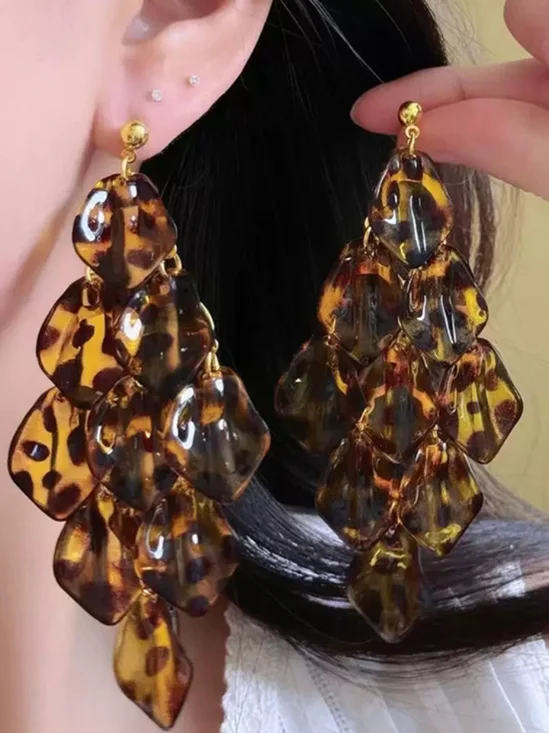 Leopard-print Acrylic Petal Tassel Stud Earrings