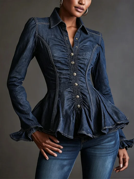 Denim Casual Peplum Lotus Leaf Collar Bell Sleeve Shirt