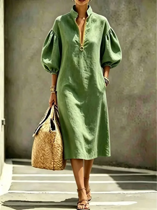Cotton And Linen Casual Plain Zipper Stand Collar Midi Dress