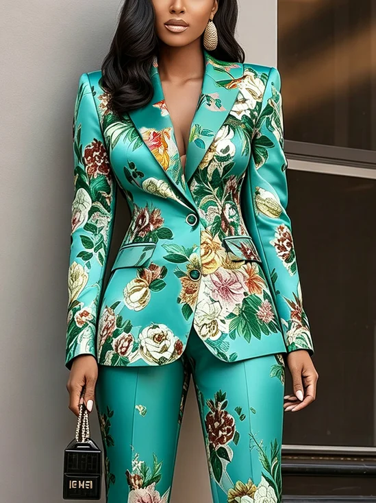 Elegant Printing Floral Lapel Collar Blazer