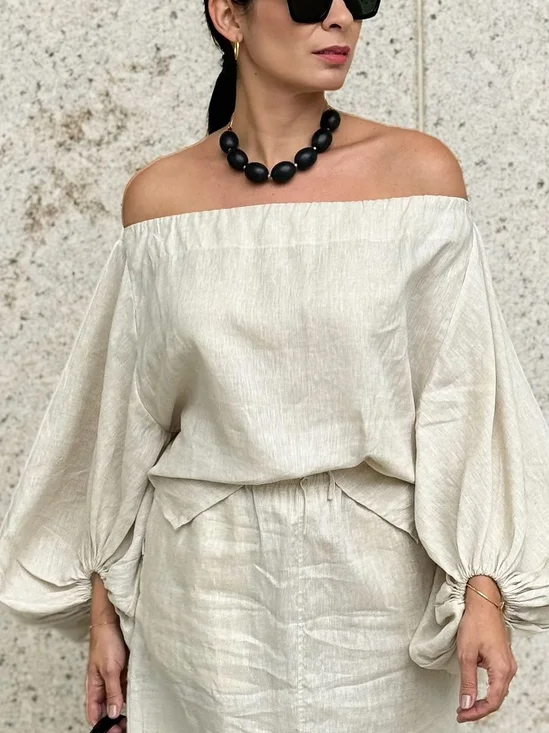Cotton And Linen Elegant Plain Side-Slit Off The Shoulder Blouse