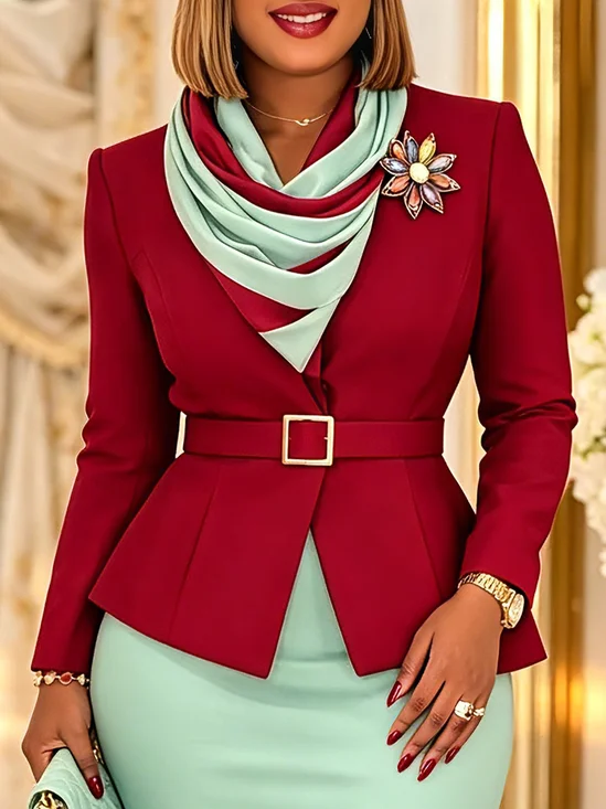 Urban Buttoned Polka Dots Cross Neck Blazer With Belt With Scarf