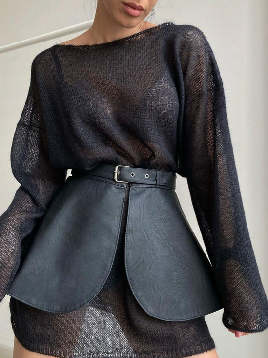 Urban Plain Crew Neck Sweater With Belt