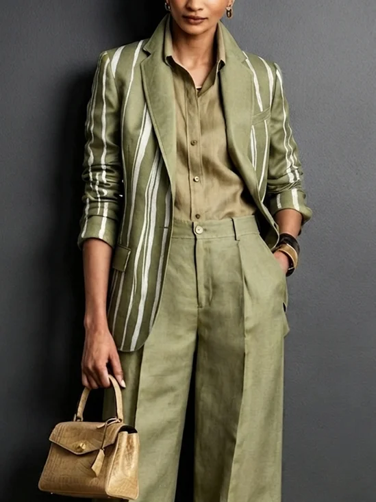 Urban Striped Lapel Collar Cotton Blazer