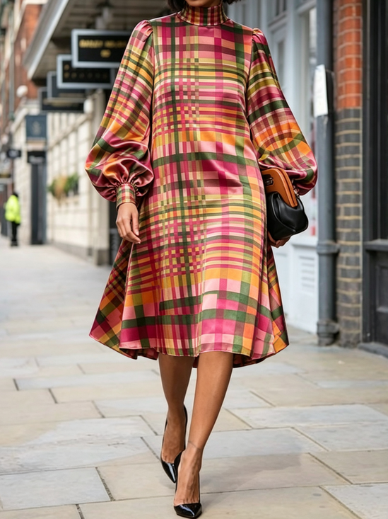 Elegant Plaid Balloon Sleeve Printing Stand Collar Midi Dress