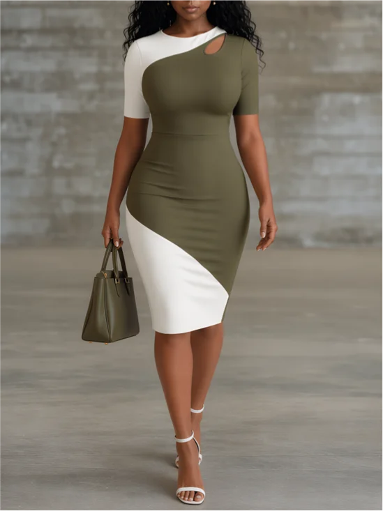 Urban Color Block Split Joint Crew Neck Knee Length Dress