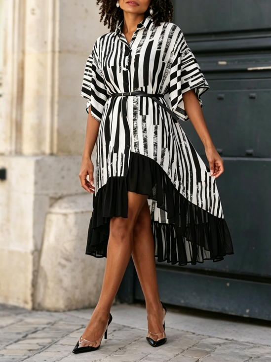 Urban Striped Split Joint Shirt Collar Midi Dress With No Belt