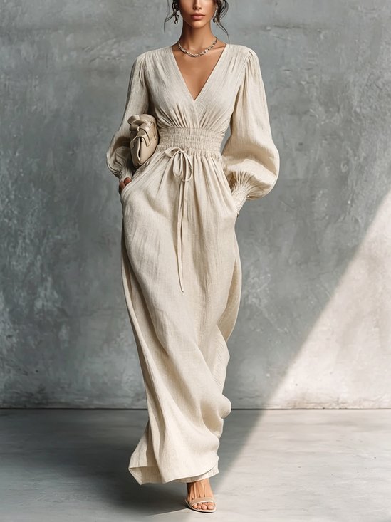 Cotton And Linen Elegant Plain Scramble V Neck Maxi Dress