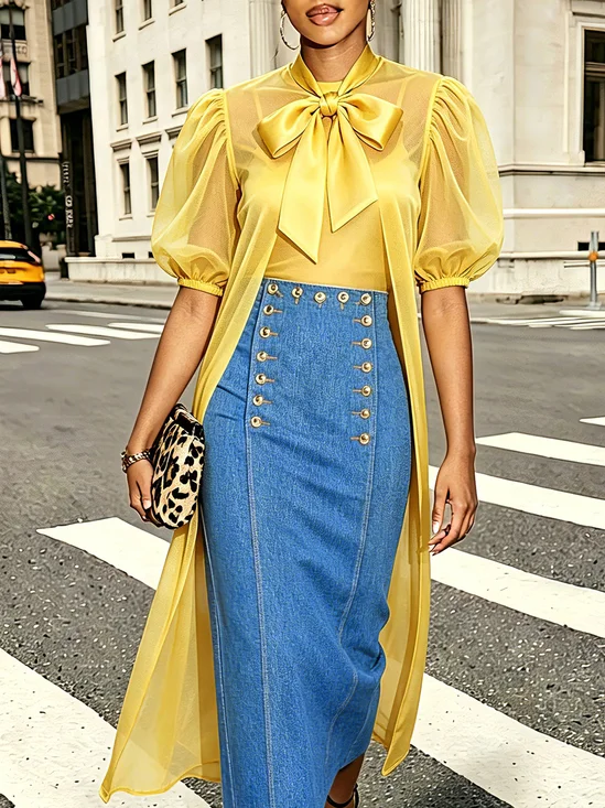 Urban Plain Bow Tie Neck Blouse
