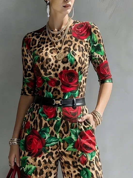 Elegant Leopard Floral Printing Crew Neck T-shirt