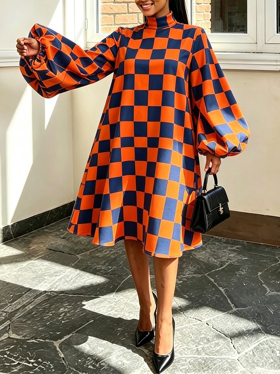 Casual Plaid Balloon Sleeve Printing Stand Collar Midi Dress