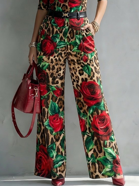 Elegant Leopard Floral Printing Wide Leg Pants
