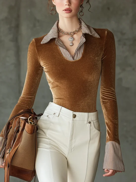 Velvet Urban Striped Split Joint Shirt Collar T-shirt