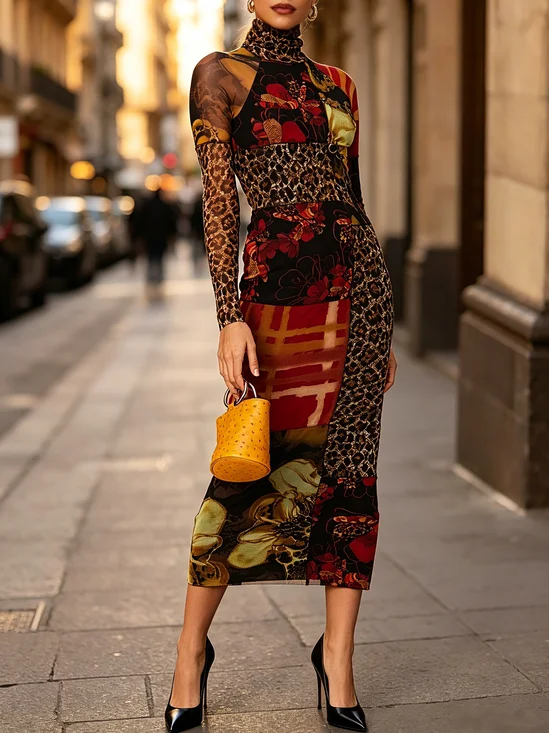 Elegant Leopard Printing Turtleneck Maxi Dress