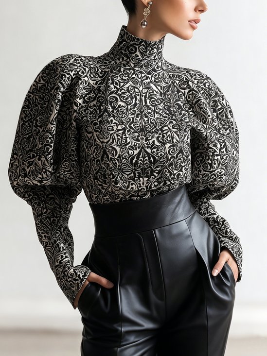 Urban Random Print Printing Stand Collar Puff Sleeve Blouse