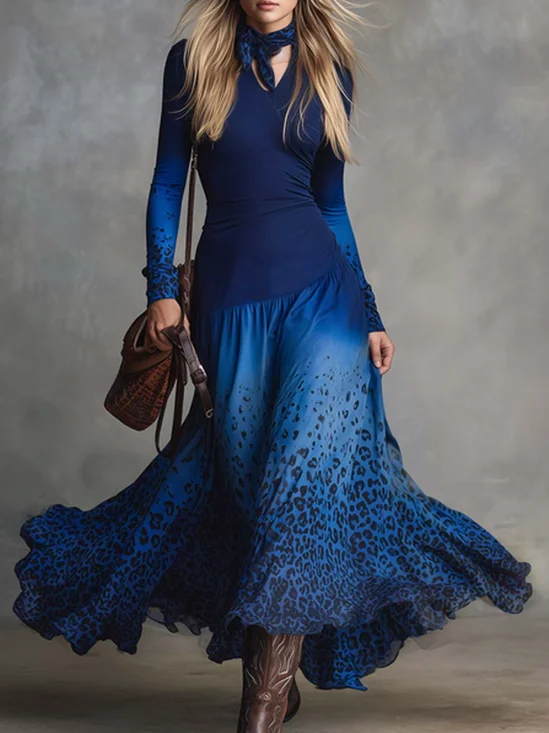 Vacation Leopard V Neck Long Sleeve Maxi Dress