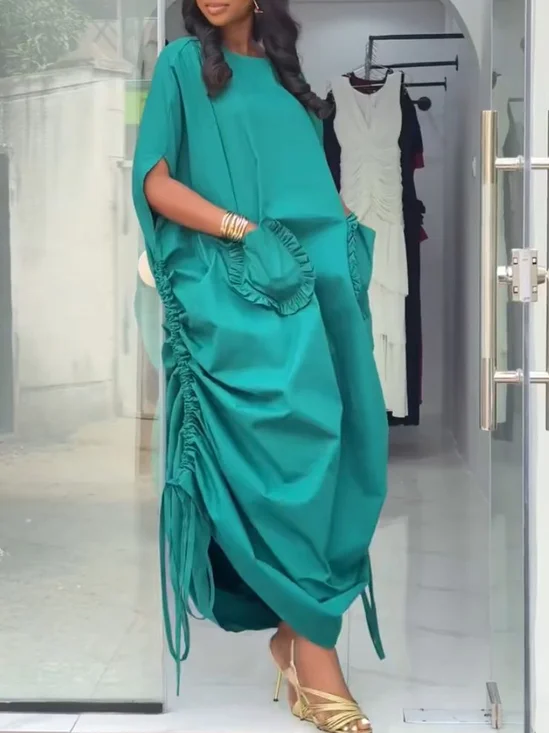 Urban Plain Drawstring Crew Neck Maxi Dress