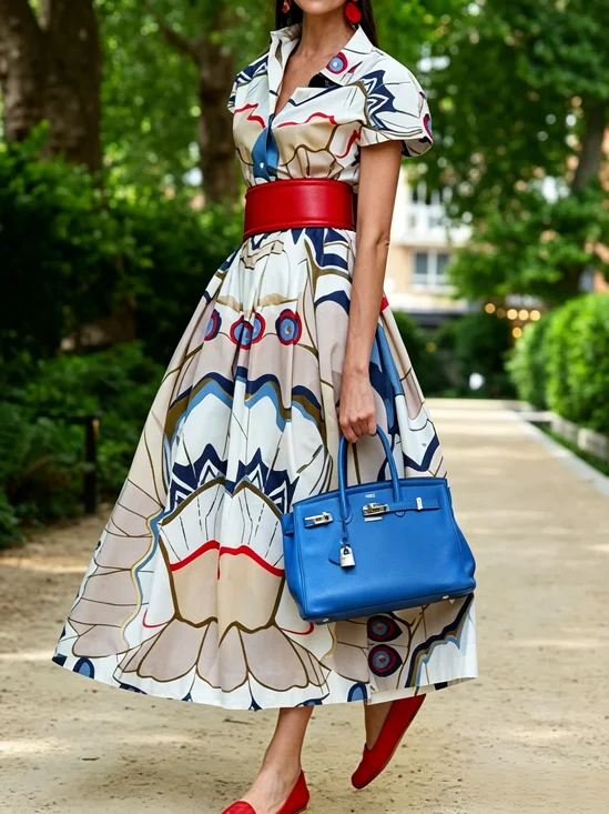 Elegant Geometric Printing Shawl Collar Maxi Dress No Belt