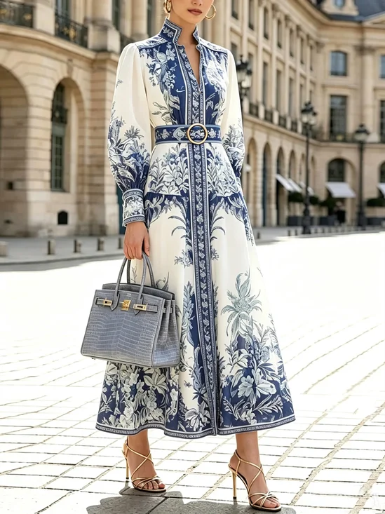 Elegant Geometric Balloon Sleeve Maxi Dress With Belt