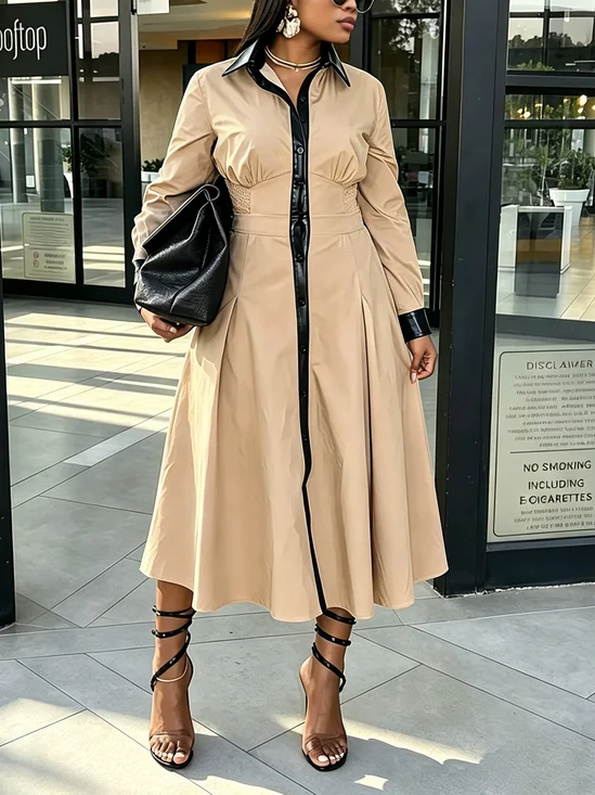 Urban Color Block Split Joint Shirt Collar Midi Dress