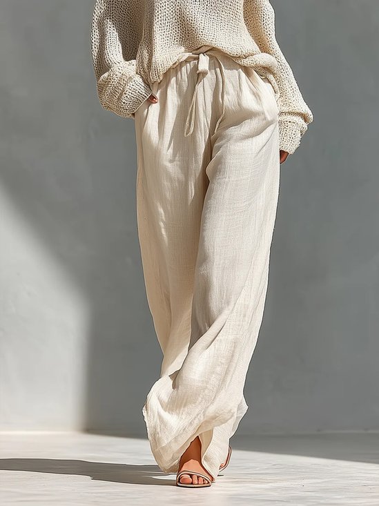 Cotton And Linen Casual Plain Distressing Straight Pants