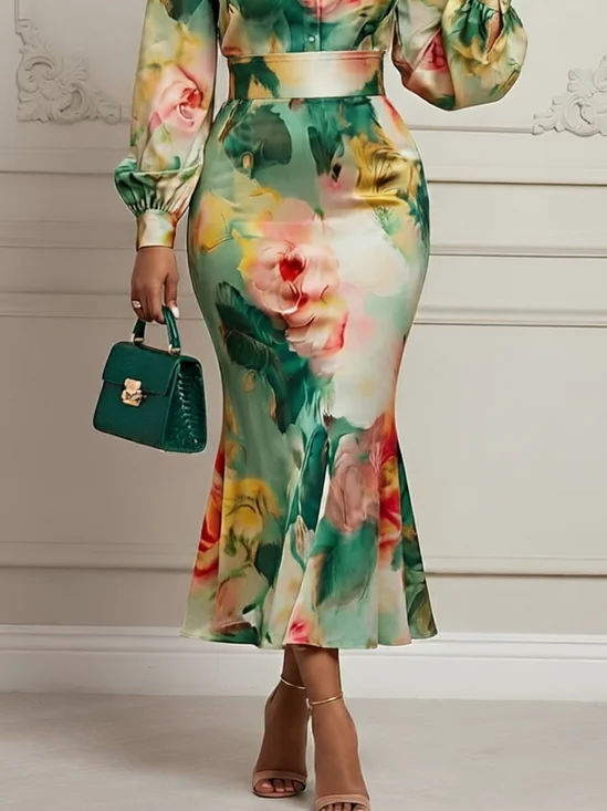 Micro-Elasticity Regular Fit Elegant Floral Midi Skirt