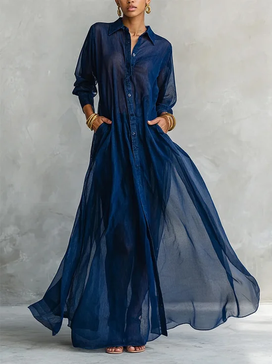 Casual Plain Split Joint Shirt Collar Maxi Dress