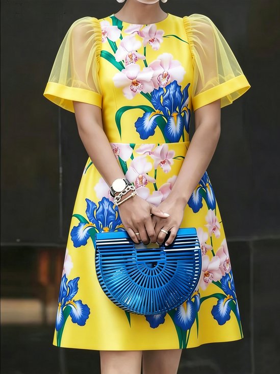 Elegant Floral Puff Sleeve Printing Crew Neck Mini Dress