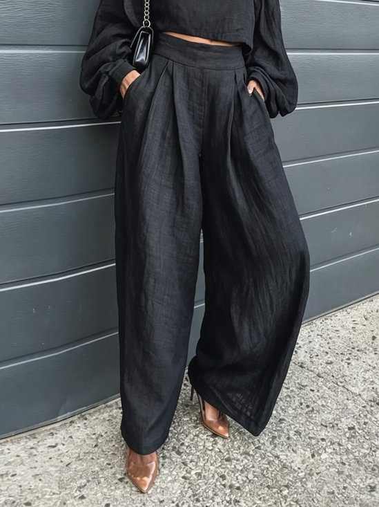 Cotton Casual Plain Wide Leg Pants