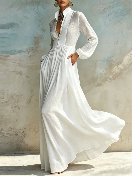 Casual Cotton Linen Maxi Dress High Waist Stand Collar Daily