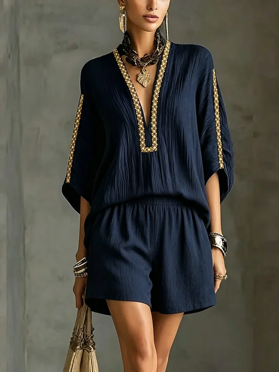 Vacation Plain Webbing V Neck Blouse