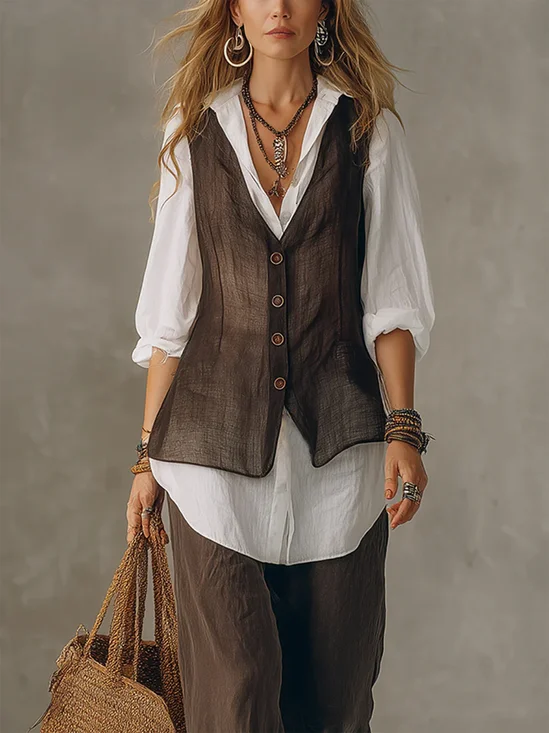 Cotton And Linen Casual Color Block Split Joint Shirt Collar Shirt