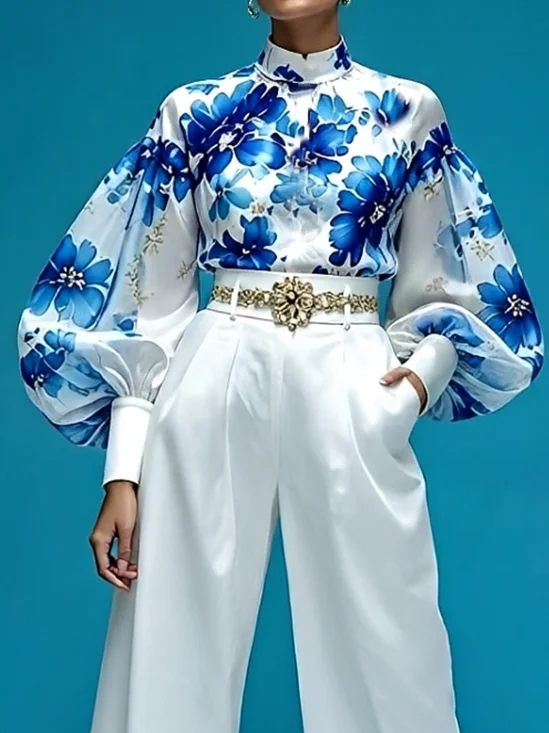 Elegant Floral Stand Collar Balloon Sleeve Blouse