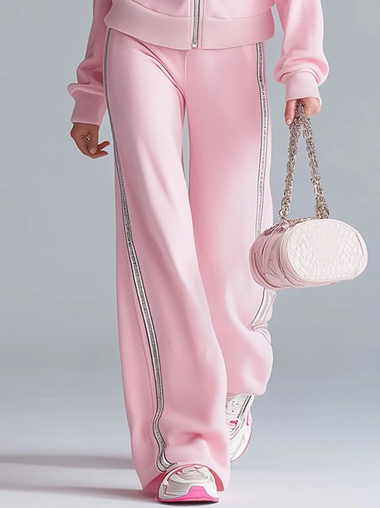 Cotton Casual Plain Webbing Wide Leg Pants
