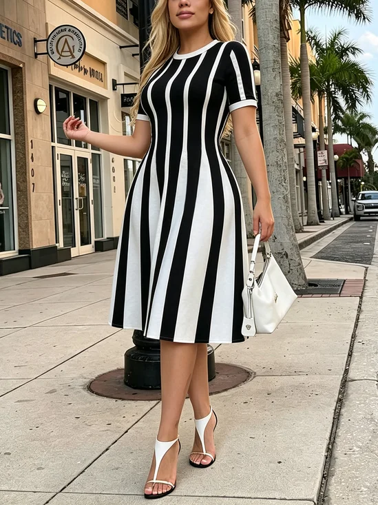 Urban Striped Printing Crew Neck Midi Dress