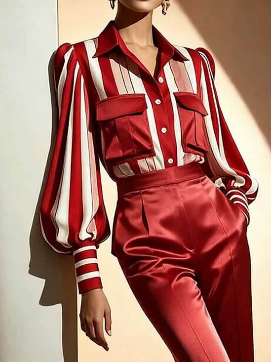 Satin Urban Striped Shirt Collar Balloon Sleeve Shirt