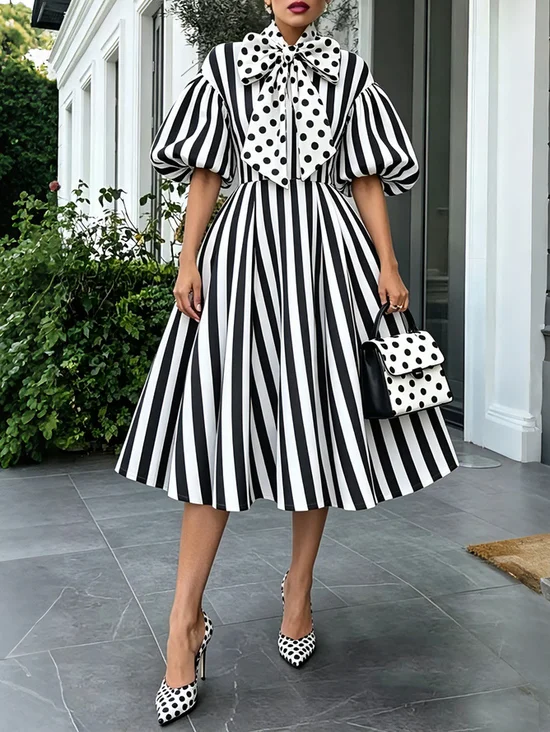 Plus Size Urban Striped Polka Dots Puff Sleeve Printing Midi Dress