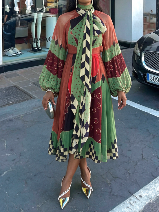 Elegant Geometric Balloon Sleeve Printing Tie Neck Maxi Dress
